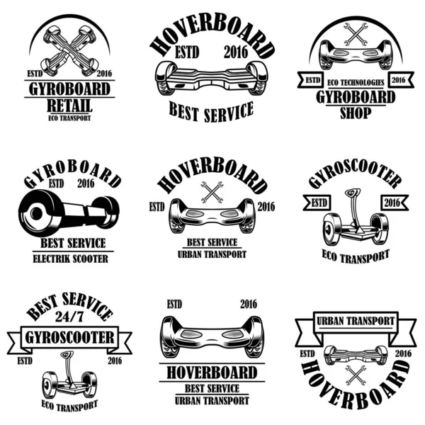 Set van gyroboard service, winkel, reparatie emblemen. Design element voor logo, etiket, bord. — Stockvector