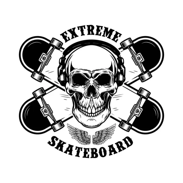 スケートボーダーのエンブレム。スケートボードと頭蓋骨を横切ったロゴ、ラベル、サインのデザイン要素. — ストックベクタ