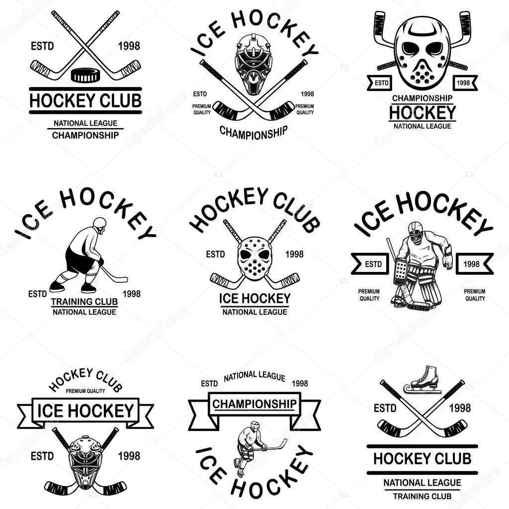 Set of hockey club emblems. Design element for logo, label, sign, t shirt, poster. Vector illustration