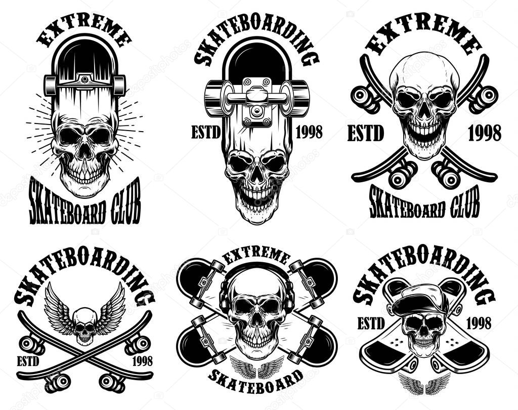 Set of skateboarding club emblems with skulls. Design element for poster, logo, sign, label, t shirt. Vector illustration