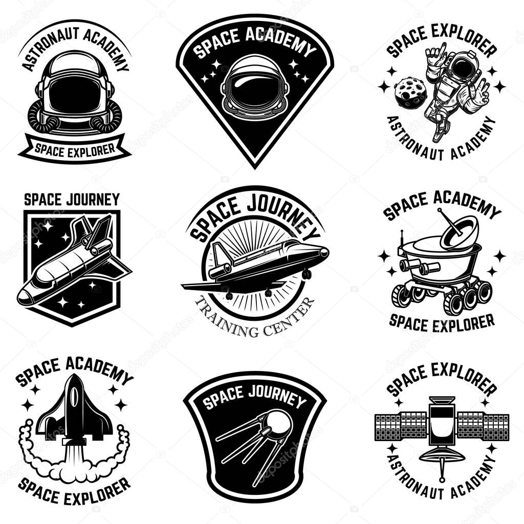 Set of space camp label templates. Design element for logo, label, sign, poster, t shirt. Vector illustration