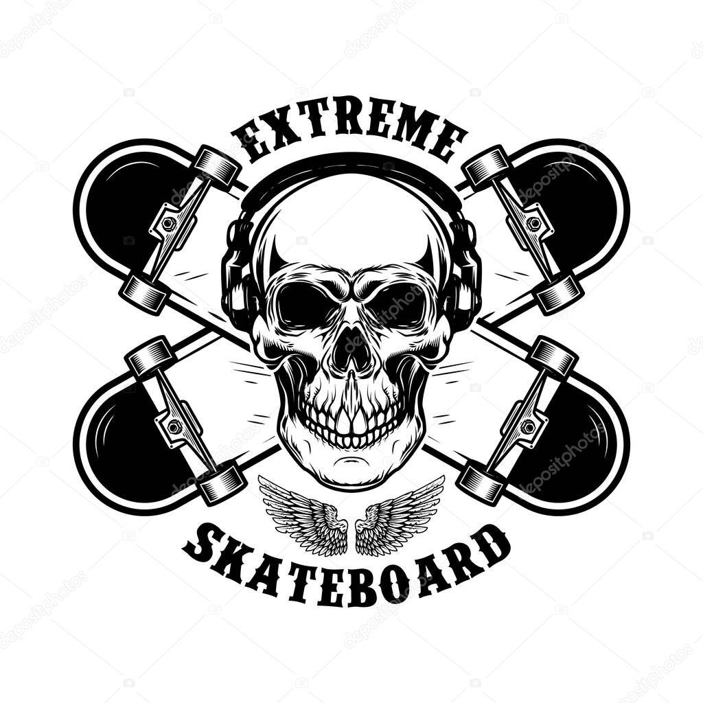 Skateboarder emblem. Crossed skateboards and skull. Design element for logo, label, sign.