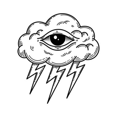 Her şeyi gören gözü ve şimşekleri olan bir fırtına bulutunun vektör çizimi. Esrarengiz, mistik ve esrarengiz sembol ilahi gücü, enerjiyi, sezgiyi ve daha yüksek görüşü temsil ediyor. Siyah beyaz çizgi sanat tarzı, dövme tasarımı için uygun, yazdırma, p