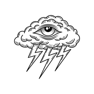 Her şeyi gören gözü ve şimşekleri olan bir fırtına bulutunun vektör çizimi. Esrarengiz, mistik ve esrarengiz sembol ilahi gücü, enerjiyi, sezgiyi ve daha yüksek görüşü temsil ediyor. Siyah beyaz çizgi sanat tarzı, dövme tasarımı için uygun, yazdırma, p
