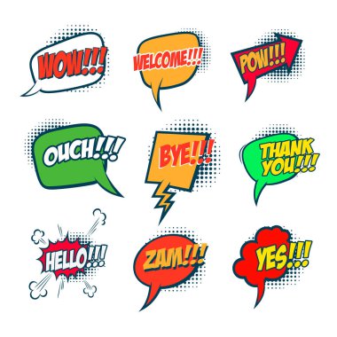 Kabarcık konuşma ifadeleri. Çizgi roman tarzı konuşma ifadeleri. Sohbet bulutu yorumları. Vektör illüstrasyonu