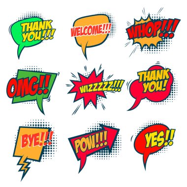 Kabarcık konuşma ifadeleri. Çizgi roman tarzı konuşma ifadeleri. Sohbet bulutu yorumları. Vektör illüstrasyonu