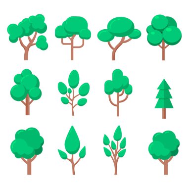 Düz dizayn edilmiş düz ağaçlar. Düz ağaç simgeleri beyaz arkaplanda izole edilmiş. Vektör illüstrasyonu