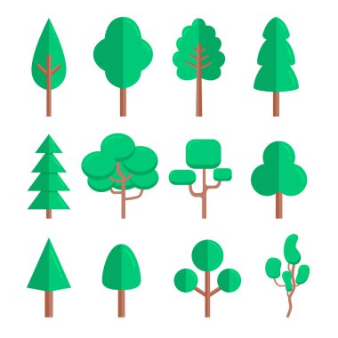 Düz dizayn edilmiş düz ağaçlar. Düz ağaç simgeleri beyaz arkaplanda izole edilmiş. Vektör illüstrasyonu