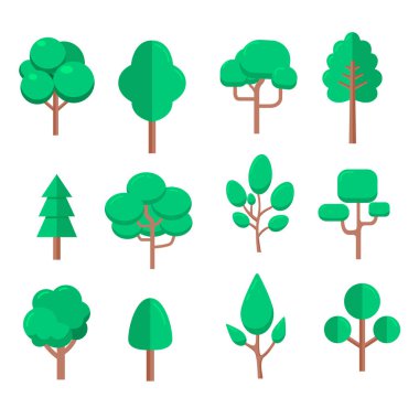 Düz dizayn edilmiş düz ağaçlar. Düz ağaç simgeleri beyaz arkaplanda izole edilmiş. Vektör illüstrasyonu