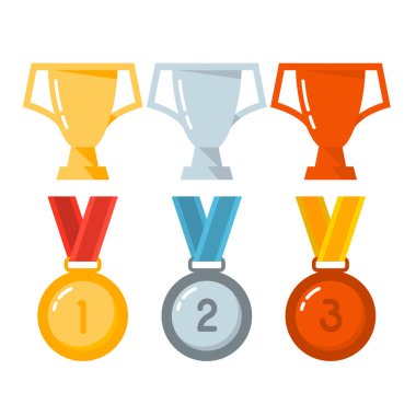 Beyaz arka planda izole edilmiş düz bir şekilde kazanan kupalar kümesi. Düz stil şampiyonluk kupası ikonları. Vektör illüstrasyonu