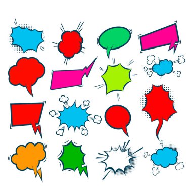 Baloncuklu konuşma baloncukları. Geriye dönük boş karikatür baloncukları ve elementler şeffaf arkaplanda siyah yarım ton gölgelerle ayarlandı. Vektör illüstrasyonu