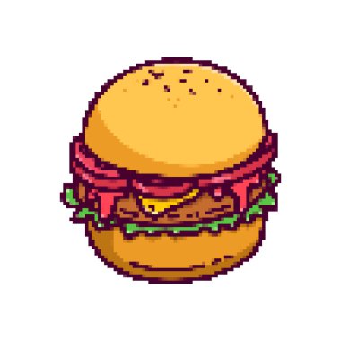 Beyaz arka planda izole edilmiş pikselli sanat hamburgeri. Vektör illüstrasyonu