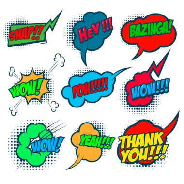 Kabarcık konuşma ifadeleri. Çizgi roman tarzı konuşma ifadeleri. Sohbet bulutu yorumları. Vektör illüstrasyonu