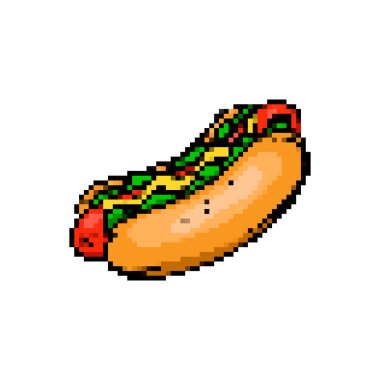 Beyaz arka planda izole edilmiş pikselli sosisli sandviç. Vektör illüstrasyonu