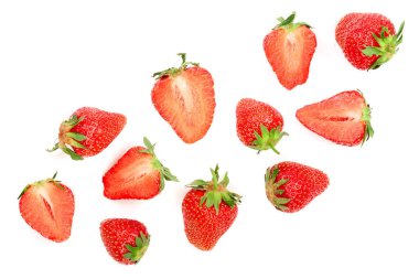 Beyaz arka plan üzerinde izole çilek. Üstten görünüm. Düz yatıyordu desen