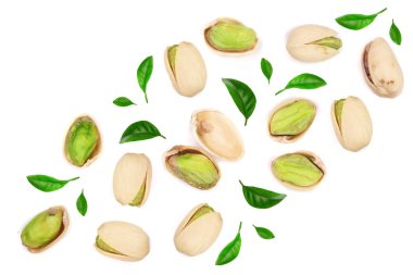 Antep fıstığı ile izole üzerinde beyaz arka plan kopya alanı metni, üstten görünüm ile bırakır. Düz yatıyordu desen