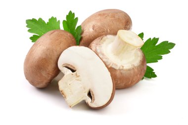 Royal Brown champignon with half and parsley leaf isolated on white background clipart