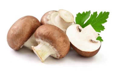 Yarım ve maydanoz ile Kraliyet kahverengi champignon yaprak üzerinde izole beyaz arka plan