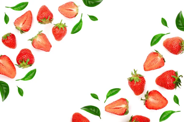 Strawberries decorated with leaves isolated on white background with copy space for your text. Top view. Flat lay — Stock Photo, Image