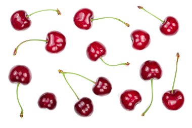 Beyaz arka plan üzerinde izole tatlı kırmızı kiraz. Üstten görünüm. Düz yatıyordu desen