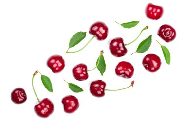 Tatlı kırmızı kiraz kopya alanı metniniz için beyaz zemin üzerine izole. Üstten görünüm. Düz yatıyordu desen