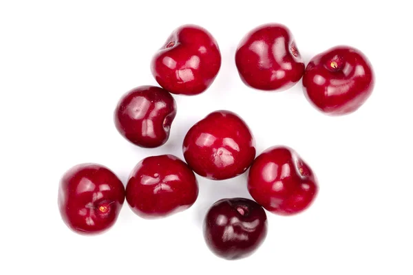 Ciliegie rosse dolci isolate su sfondo bianco. Vista dall'alto. Modello di posa piatta — Foto Stock