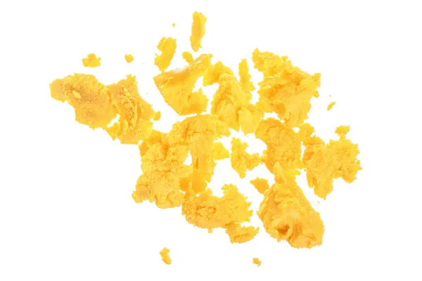 Pokruszone żółtko jajka na białym tle. Widok z góry. Leżał z płaskim — Zdjęcie stockowe