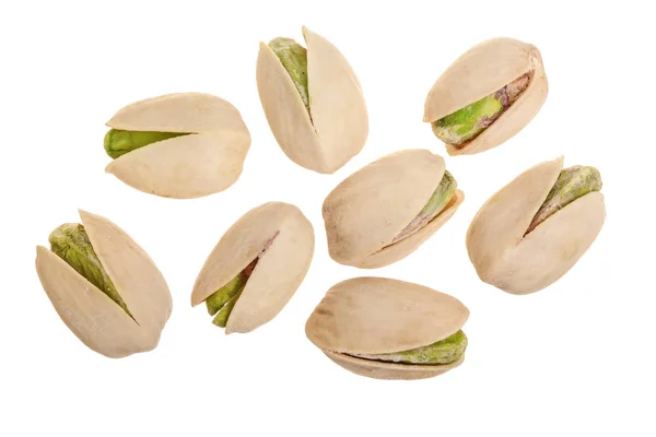 Pimpernoten (pistaches) geïsoleerd op een witte achtergrond, bovenaanzicht. Plat leggen — Stockfoto