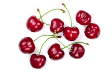 Beyaz arka plan üzerinde izole tatlı kırmızı kiraz. Üstten görünüm. Düz yatıyordu desen