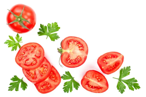 stock image tomatoes with parsley leaves with copy space for your text isolated on white background. Top view. Flat lay