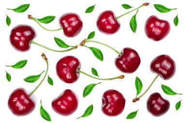 Beyaz arka plan üzerinde izole tatlı kırmızı kiraz. Üstten görünüm. Düz yatıyordu desen