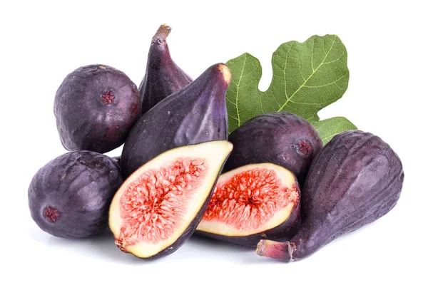 Fresh fig fruit and half with leaf isolated on white background — Stock Photo, Image