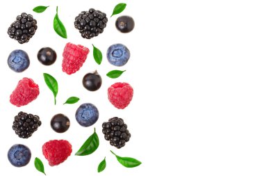 kopya alanı metniniz için beyaz zemin üzerine izole böğürtlen böğürtlen ahududu siyah frenk üzümü. Üstten görünüm. Düz yatıyordu desen