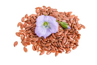 Beyaz arkaplandaki çiçekli keten tohumları