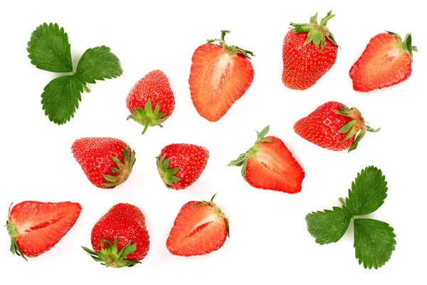 Φράουλες που απομονώνονται σε λευκό φόντο. Το Top view. Επίπεδη lay μοτίβο — Φωτογραφία Αρχείου