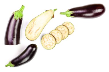 patlıcan ya da kopya alanı metniniz için beyaz zemin üzerine izole patlıcan. Üstten görünüm. Düz yatıyordu desen
