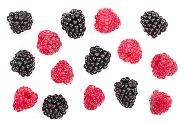 黑莓和覆盆子被隔离在白色背景上。顶部视图。平躺模式 — 图库照片