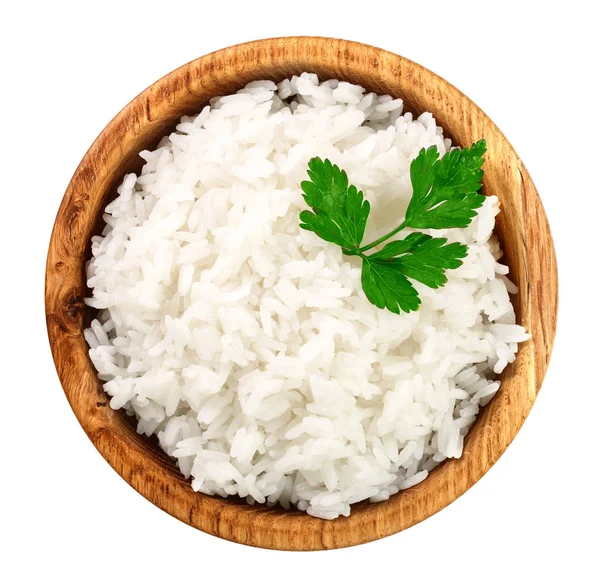 Rýže v dřevěné míse izolované na bílém pozadí. Horní pohled. Plocha — Stock fotografie