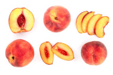 Beyaz arka plan üzerinde izole olgun şeftali. Üstten görünüm. Düz yatıyordu desen