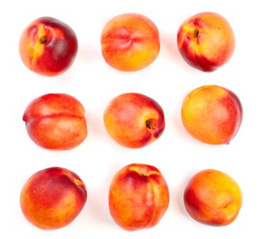 Olgun nektarin ile izole üzerinde beyaz arka plan bırakır. Üstten görünüm. Düz yatıyordu desen. Küme veya koleksiyonu