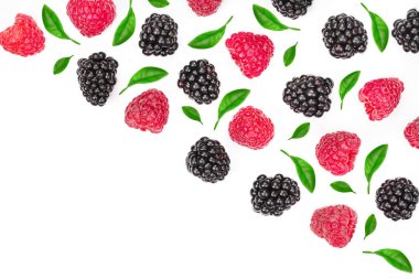 BlackBerry ve beyaz arka plan üzerinde izole ahududu. Üstten görünüm metniniz için kopya alanı ile. Düz yatıyordu desen