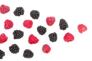 BlackBerry ve beyaz arka plan üzerinde izole ahududu. Üstten görünüm metniniz için kopya alanı ile. Düz yatıyordu desen