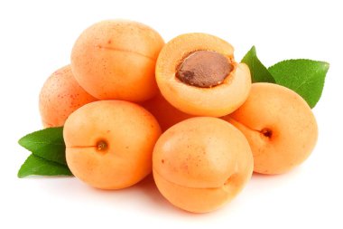 Beyaz arka plan makro'izole yaprakları ile kayısı meyve