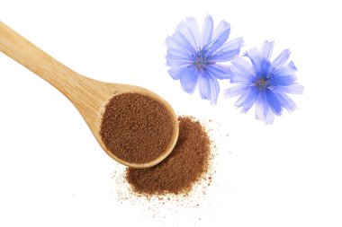 hindiba çiçek ve anlık hindiba beyaz bir arka plan üzerinde izole tahta kaşık toz. Cichorium intybus