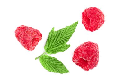 Beyaz arka plan üzerinde izole yaprakları ile ahududu. Üstten görünüm. Düz yatıyordu desen