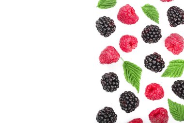 BlackBerry ve ahududu ile kopya alanı metni ile izole üzerinde beyaz arka plan bırakır. Üstten görünüm. Düz yatıyordu desen