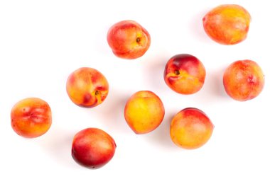 Olgun nektarin ile izole üzerinde beyaz arka plan kopya alanı metniniz için bırakır. Üstten görünüm. Düz yatıyordu desen