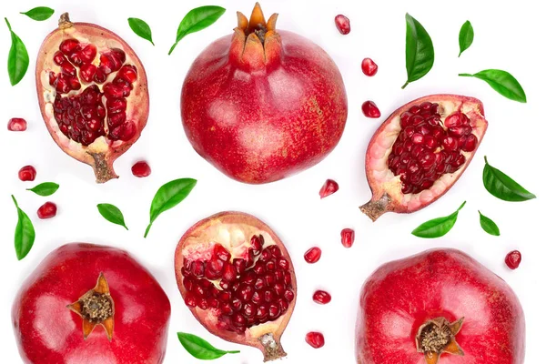 Pomegranate with leaves isolated on white background. Top view. Flat lay pattern — Stock Photo, Image