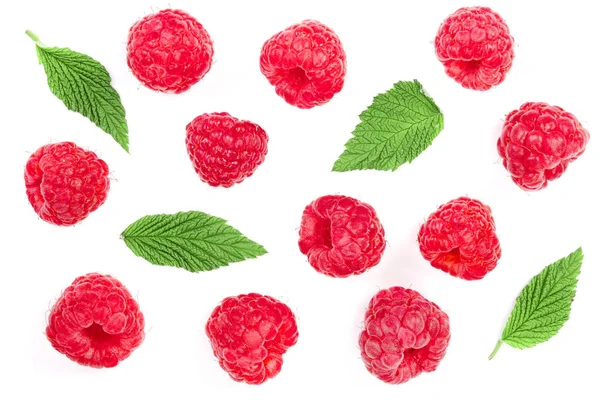 Raspberries with leaves isolated on white background. Top view. Flat lay pattern — Stock Photo, Image