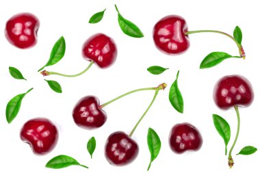 Beyaz arka plan üzerinde izole tatlı kırmızı kiraz. Üstten görünüm. Düz yatıyordu desen